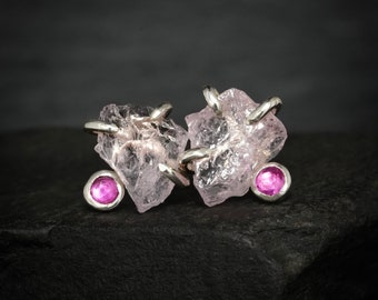 Morganite and Ruby Stud Earrings. Unique Rustic Organic Raw Uncut Pink Morganite and Round Ruby Stud Earrings. Pink Gemstone Stud Earring