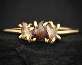 Uncut Brown Diamond Statement Ring. Rustic Prong Set 18k Yellow Gold Raw Natural Cognac Champagne Colour Diamond Engagement Ring