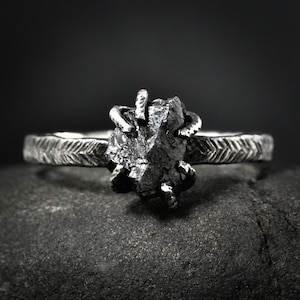 Black Diamond Ring. Alternative Organic Rustic Unique 6 Prong Set Textured Band Raw Rough Uncut Natural Black Diamond Engagement Ring