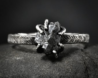 Black Diamond Ring. Alternative Organic Rustic Unique 6 Prong Set Textured Band Raw Rough Uncut Natural Black Diamond Engagement Ring