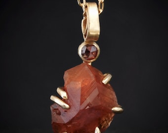 Solid Gold Uncut Orange Garnet Pendant Necklace. 14k Yellow Gold Raw Hessonite Garnet and Red Diamond Gemstone Charm Necklace