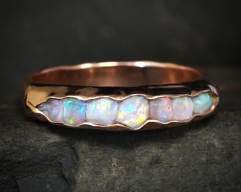 Bulky Raw Australian Opal Band. Rustic Solid Silver or Gold Wrap Style Bezel Set Uncut Opal Wedding Statement Promise Stacking Ring