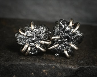 Raw Black Diamond Stud Earrings. Unique Rustic Raw Uncut Rough 6 Prong Set Black Diamond Studs. Black Diamond Earrings. Black Diamond Studs