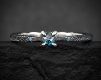 Round Blue Diamond Ring. Rustic Solid Black Silver Band and White Gold Prong Set Rose Cut Diamond Alternative Engagement Ring