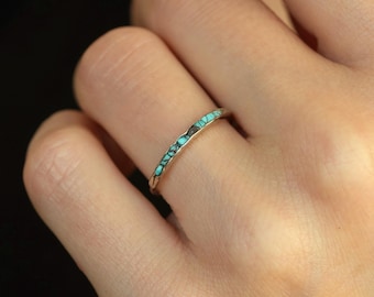 Skinny Raw Turquoise Band. Rustic Solid Gold or Silver Uncut Turquoise Alternative Slim Dainty Stacking Wedding Ring