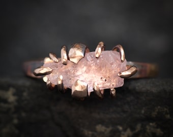 Raw Morganite Crystal Ring. Rustic Organic Alternative Raw Rough Uncut Natural Pink Gemstone Rose Gold Morganite Engagement Statement Ring
