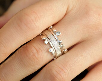 Silver Textured Stacking Ring Set. Solid 14k and 925 Sterling Silver Hammered Bubble Everyday Band Ring Set for Women