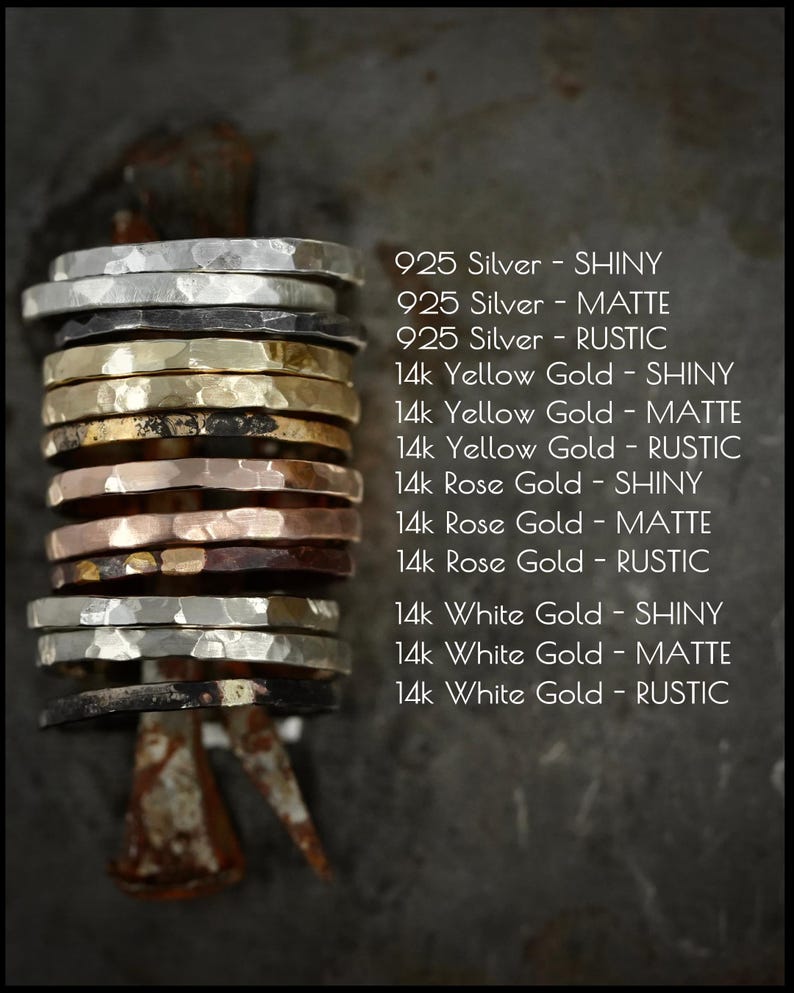 May include: A stack of twelve hammered metal rings in silver, yellow gold, rose gold, and white gold, each with shiny, matte, or rustic finishes. Text lists: 925 Silver, 14k Yellow Gold, 14k Rose Gold, and 14k White Gold in three finish types.