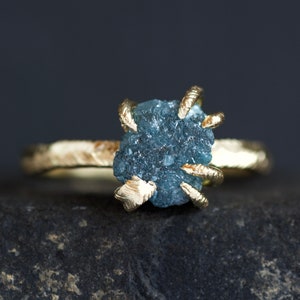 Raw Blue Diamond Ring. Rustic Organic Alternative Unique Raw Rough Uncut Blue Prong Set Natural Diamond Gemstone Engagement Statement Ring 18k Yellow Gold