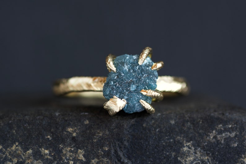 Raw Blue Diamond Ring. Rustic Organic Alternative Unique Raw Rough Uncut Blue Prong Set Natural Diamond Gemstone Engagement Statement Ring 18k Yellow Gold