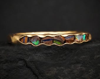 Raw Australian Boulder Opal Band. Rustic Solid Gold or Silver Uncut Brown Opal Alternative Wedding Stacking Promise Ring