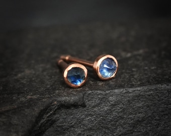 Tiny Blue Sapphire Stud Earrings. Unique Rustic Organic Sapphire Stud Earrings. Round Rose Cut Blue Sapphire Studs. Valentines Gift for Her
