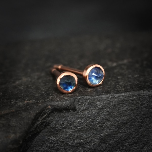 Tiny Blue Sapphire Stud Earrings. Unique Rustic Organic Sapphire Stud Earrings. Round Rose Cut Blue Sapphire Studs. Valentines Gift for Her