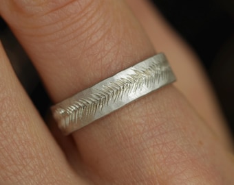 5mm Silver Feather Textured Band. Solid Gold or Silver Hand Engraved Organic Alternative Wedding Promise Everyday Ring