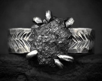 Wide Raw Black Diamond Ring. Solid Silver or Gold 6 Prong Set Natural Earth Mined Uncut Carbonado Diamond Everyday Statement Engagement Ring