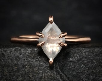 White Salt and Pepper Kite Diamond Ring. Rustic Organic Rose Gold White Diamond Prong Set Milky White Salt and Pepper Kite Diamond Ring