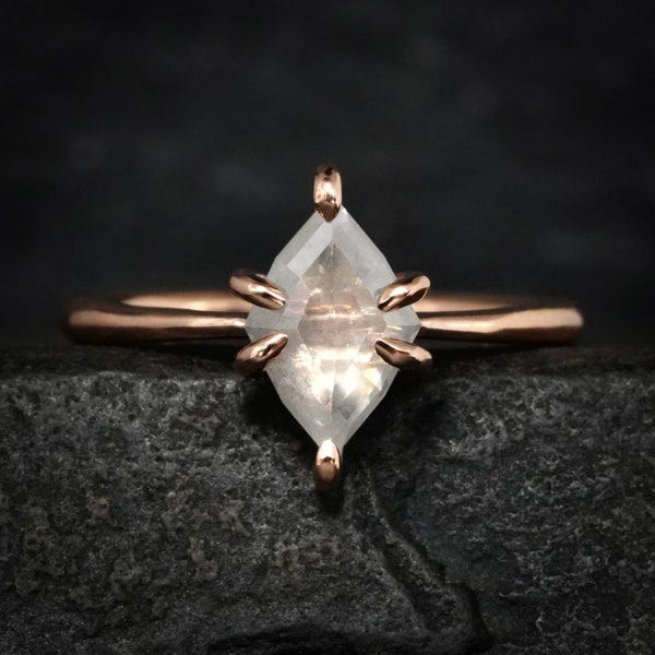 White Salt and Pepper Kite Diamond Ring. Rustic Organic Rose Gold White Diamond Prong Set Milky White Salt and Pepper Kite Diamond Ring