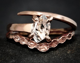 Herkimer Diamond Ring Set. Rose Gold Natural Rough Uncut Herkimer Diamond Horseshoe Nail Wedding Ring Set. Herkimer Ring Wedding Set.