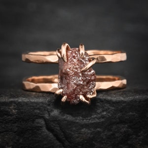 Rust Reddish Brown Double Band Diamond Ring. Hammered Unique Natural Uncut Rough Raw Brown Diamond 8 Prong Double Band Engagement Ring