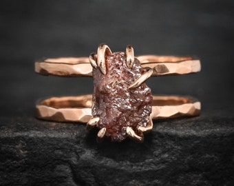 Rust Reddish Brown Double Band Diamond Ring. Hammered Unique Natural Uncut Rough Raw Brown Diamond 8 Prong Double Band Engagement Ring