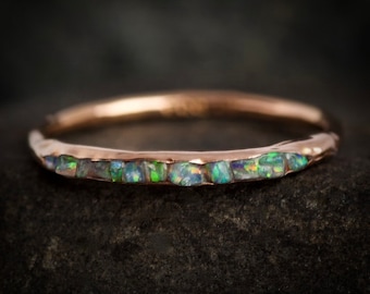 Raw Australian Opal Ring. Unique Alternative Organic Rustic Natural Raw Rough Uncut Fire Rainbow Bezel Set Australian Opal Wedding Band Ring