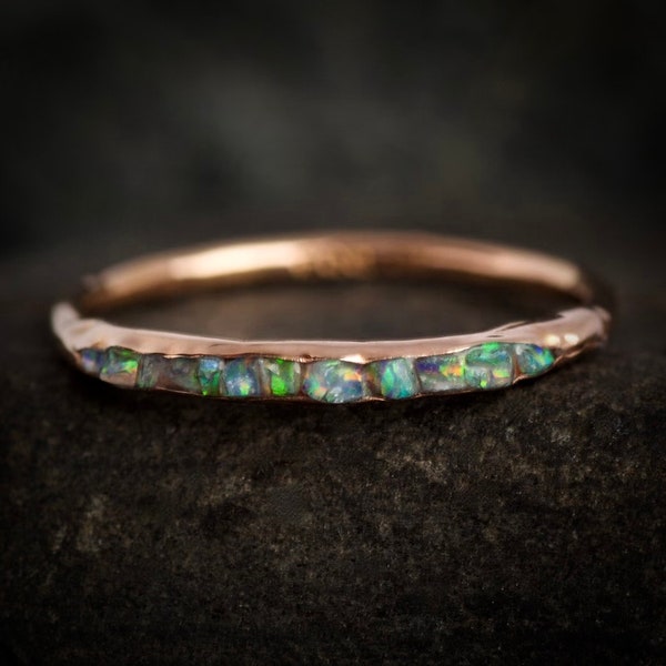Raw Australian Opal Ring. Unique Alternative Organic Rustic Natural Raw Rough Uncut Fire Rainbow Bezel Set Australian Opal Wedding Band Ring