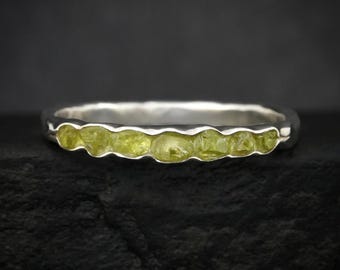 Uncut Peridot Crystal Band. Rustic Solid Silver or Gold Natural Bezel Set Raw Peridot Alternative Wedding Stacking Ring