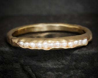 White Freshwater Pearl Gold Band. Rustic Solid Gold or Silver Unique Alternative White Pearl Wedding Stacking Promise Ring