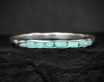 Dainty Raw Blue Turquoise Band. Rustic Solid Silver or Gold Uncut Hand Shaped Light Greenish Blue Turquoise Everyday Stacking Ring