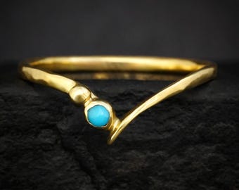 Gold Genuine Turquoise Wave Ring. Rustic Solid Silver or Gold Blue Gemstone Turquoise Alternative Wedding Nesting Chevron Ring