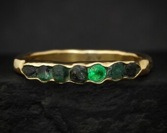 THE ONE. Raw Emerald Ring. Rustic Solid Gold or Silver Uncut Natural Green Emerald Alternative Stacking Wedding Milestone Band
