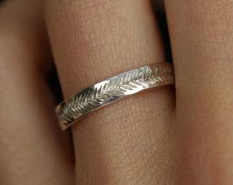 3mm Silver Feather Textured Band. Solid Gold or Silver Hand Engraved Organic Alternative Wedding Promise Everyday Ring