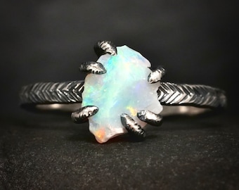 Raw Australian Opal Ring. Unique Rustic Organic Alternative Raw Rough Uncut Natural Prong Set Australian Opal Fire Gemstone Engagement Ring