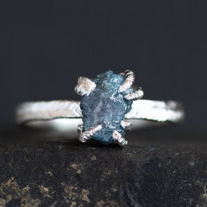 Raw Blue Diamond Ring. Rustic Organic Alternative Unique Raw Rough Uncut Blue Prong Set Natural Diamond Gemstone Engagement Statement Ring 925 Sterling Silver