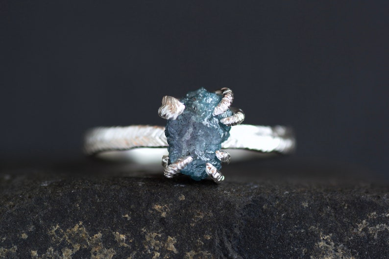 Raw Blue Diamond Ring. Rustic Organic Alternative Unique Raw Rough Uncut Blue Prong Set Natural Diamond Gemstone Engagement Statement Ring 925 Sterling Silver