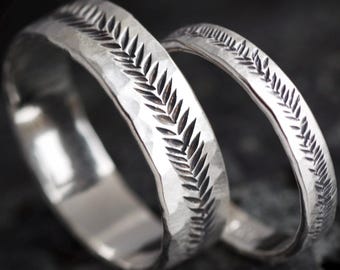 Textured Feather Wedding Band Ring. 925 Silver Rustic Band Rings. Rustic Organic Alternative Unique Hammered Silver Wedding Band