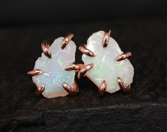 Raw Opal Studs. Raw Uncut Rough Rose Gold Prong Set Australian Opal Stud Earrings. Raw Opal Stud Earrings. Gift for Her. Birthstone Gift