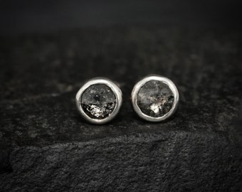 Diamond Studs. 3mm Tiny Rose Cut Round Salt and Pepper Diamond Studs. Diamond Stud Earrings. Genuine Diamond Earrings. Galaxy Diamond Studs