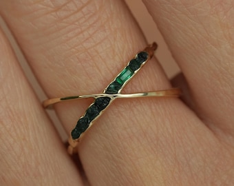 Raw Emerald X Ring. Rustic Custom Handmade Rough Uncut Raw Emerald Criss Cross Ring. Criss Cross Ring With Raw Stones. Yellow Gold X Ring