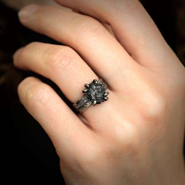 Wide Raw Black Diamond Ring. Rough Rustic Organic Black Diamond Engagement Ring. Black Diamond Mens Engagement Ring. Diamond Mens Ring