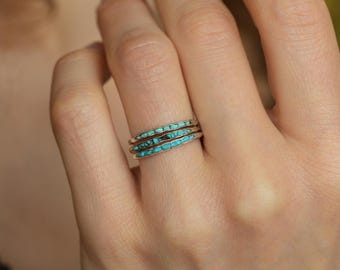 3 Raw Turquoise Ring Stack. Rustic Solid Gold or Silver Uncut Turquoise Skinny Slim Dainty Stacking Ring Set