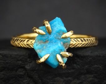 Sleeping Beauty Turquoise Ring. Rustic Solid Yellow Gold Genuine Raw Uncut Blue Turquoise Engagement Statement Ring