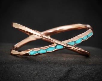 Raw Turquoise Criss Cross Ring. Rustic Solid Gold or Silver X Shape Uncut Genuine Sleeping Beauty Turquoise Everyday Band Ring