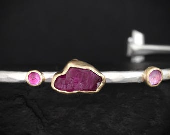Hammered Silver and Gold Raw Ruby Cuff Bracelet. Solid Sterling Silver Cuff and 14k Gold Bezel Set Natural Uncut and Round Cut Ruby Bangle