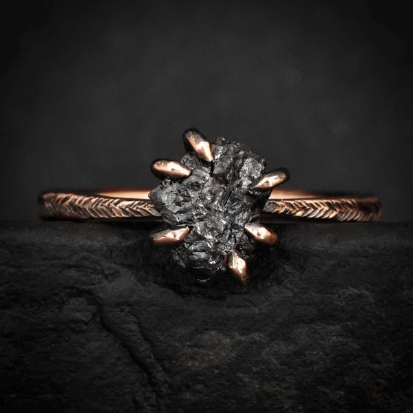 Rustic Raw Black Diamond Ring. Matte FireMarked Solid Rose Gold Feather Textured 6 Prong Set Uncut Diamond Engagement Ring