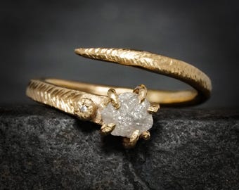 Raw Diamond Ring. RTS Adjustable 14k Yellow Gold Raw White Diamond Horseshoe Nail Snake Wedding Engagement Promise Ring in US size 5