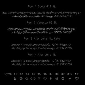 May include: A black chart displaying four font styles labelled Font 1 Script 412 1L, Font 2 Vanessa 56 2L, Font 3 Arial uni s 1L, italic, and Font 4 Arial uni s 1L, each showing uppercase and lowercase letters, numbers 0-9, and eleven symbols.