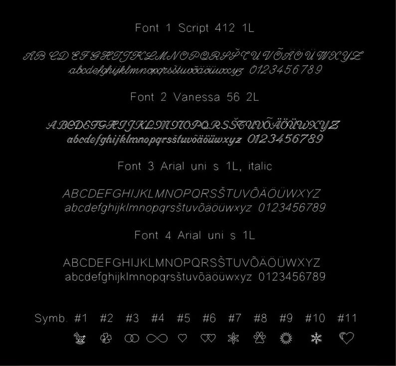 May include: A black chart displaying four font styles labelled Font 1 Script 412 1L, Font 2 Vanessa 56 2L, Font 3 Arial uni s 1L, italic, and Font 4 Arial uni s 1L, each showing uppercase and lowercase letters, numbers 0-9, and eleven symbols.