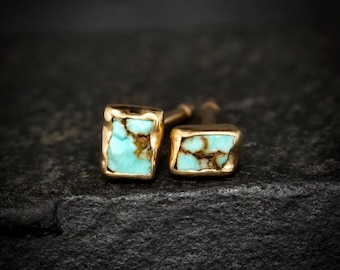 Minimalist Raw Turquoise Gold Studs. Tiny Uncut Random Shape Light Blue and Brown Geometric Turquoise Everyday Stud Earrings