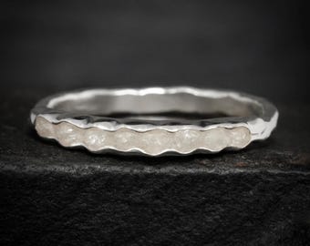 Raw White Diamond Band Ring. Rustic Alternative Uncut Natural Greyish White Diamond Wedding Band Ring